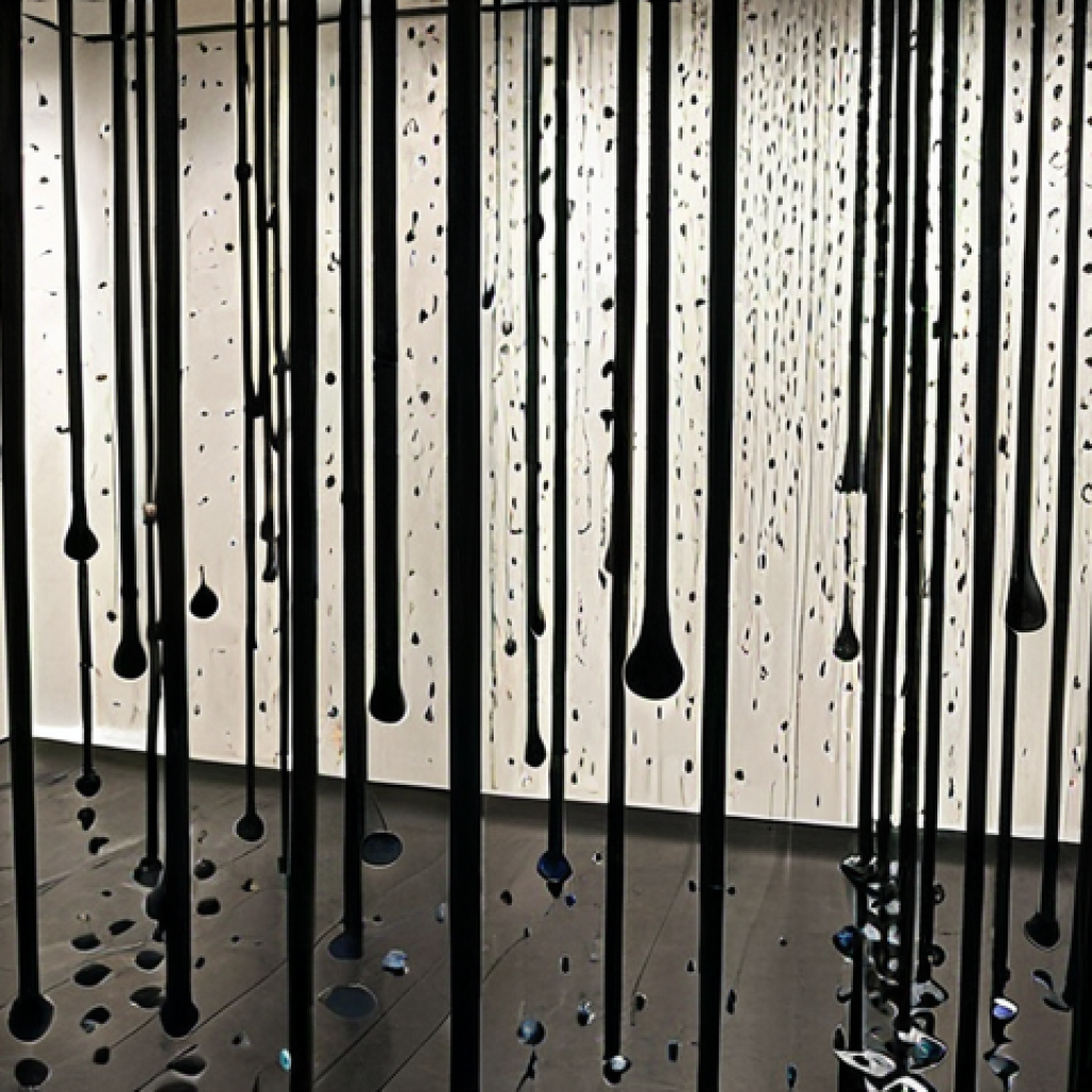 **Prompt:** A darkened room at MoMA, NYC. Droplets of water rhythmically falling on metallic chimes. Cool mist, play of light. Transformative experience.