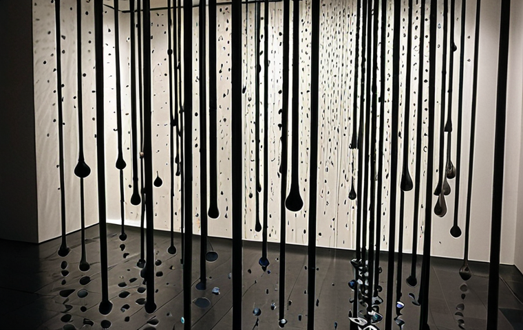 **Prompt:** A darkened room at MoMA, NYC. Droplets of water rhythmically falling on metallic chimes. Cool mist, play of light. Transformative experience.