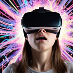 **

A person wearing a VR headset, eyes closed, with a look of slight discomfort or nausea on their face. Around them, a chaotic explosion of sensory stimuli is suggested - blurry, overlapping images, swirling colours, and faint outlines of objects that suggest scent and touch. The background is dark and slightly distorted. This visualizes the potential for sensory overload in poorly designed multi-sensory art experiences.

**