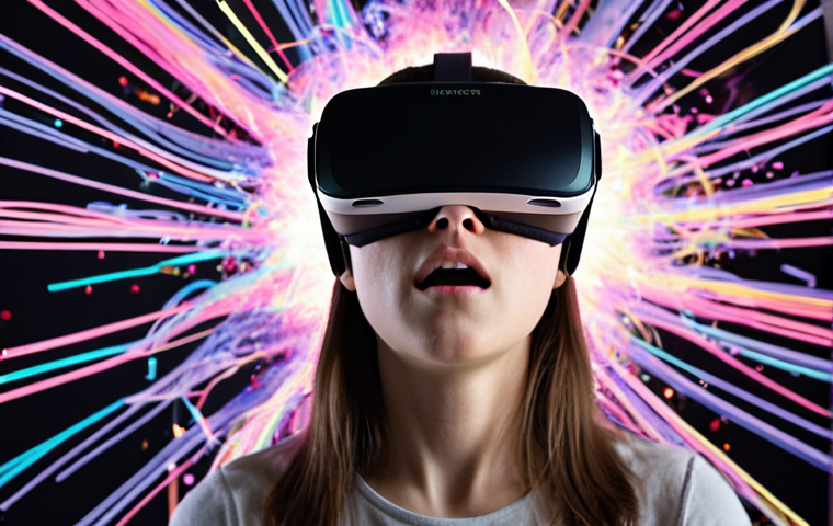 **
A person wearing a VR headset, eyes closed, with a look of slight discomfort or nausea on their face. Around them, a chaotic explosion of sensory stimuli is suggested - blurry, overlapping images, swirling colours, and faint outlines of objects that suggest scent and touch. The background is dark and slightly distorted. This visualizes the potential for sensory overload in poorly designed multi-sensory art experiences.
**