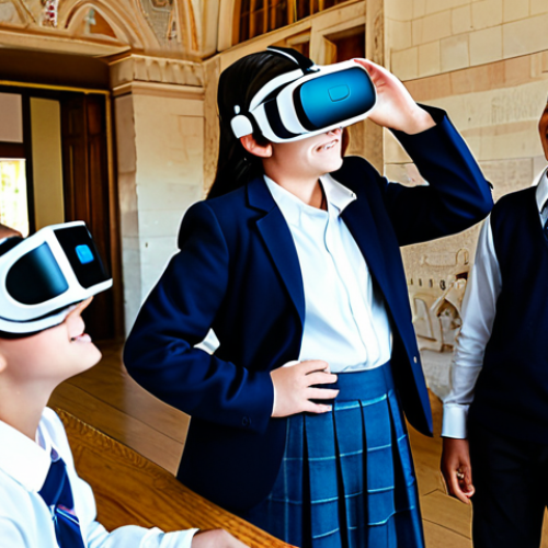 Home 7 A diverse group of middle school students, fully clothed in modest school uniforms, enthusiastically engaged in a multisensory history lesson. One student wears a VR headset, appearing to explore ancient ruins, while another interacts with a haptic feedback device displaying a timeline. The classroom is modern with interactive displays, ambient lighting, and subtle, integrated sound systems. Soft, natural light fills the space. Professional photography, perfect anatomy, correct proportions, well-formed hands, natural body proportions, safe for work, appropriate content, family-friendly, high quality.