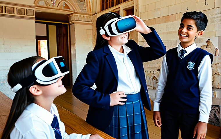 A diverse group of middle school students, fully clothed in modest school uniforms, enthusiastically engaged in a multisensory history lesson. One student wears a VR headset, appearing to explore ancient ruins, while another interacts with a haptic feedback device displaying a timeline. The classroom is modern with interactive displays, ambient lighting, and subtle, integrated sound systems. Soft, natural light fills the space. Professional photography, perfect anatomy, correct proportions, well-formed hands, natural body proportions, safe for work, appropriate content, family-friendly, high quality.