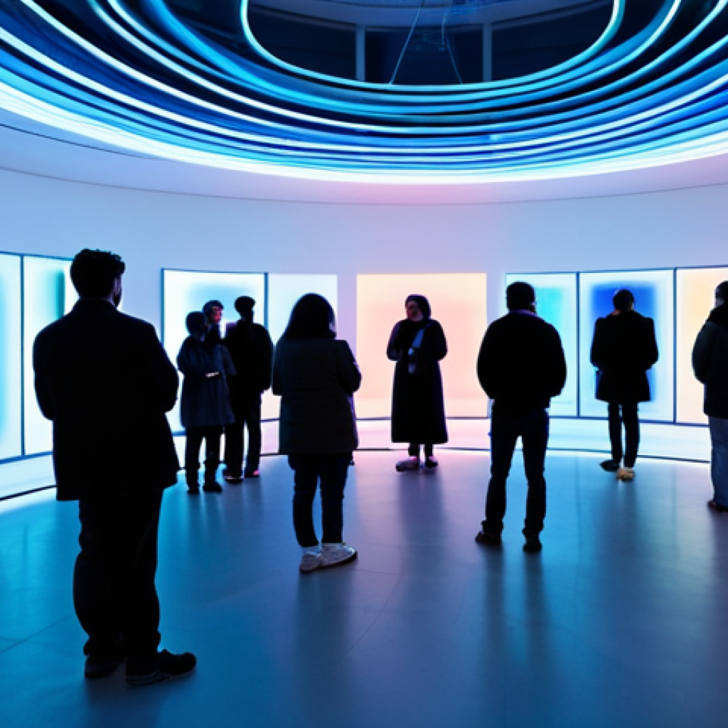 A diverse group of people, including adults and families, fully clothed in modest, appropriate attire, experiencing an immersive multisensory installation inside a spacious, modern art gallery. The space is illuminated with dynamic, shifting colored lights that create intricate patterns on the walls and floor. Subtle, artistic representations of sound waves visually emanate from hidden speakers, hinting at an auditory experience. A few individuals are gently interacting with glowing, sculptural elements, suggesting a tactile component. The atmosphere is one of wonder and shared engagement. Professional photography, high resolution, soft ambient lighting, clean lines. safe for work, appropriate content, fully clothed, family-friendly, perfect anatomy, correct proportions, natural pose, well-formed hands, proper finger count, natural body proportions.