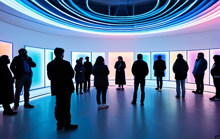 A diverse group of people, including adults and families, fully clothed in modest, appropriate attire, experiencing an immersive multisensory installation inside a spacious, modern art gallery. The space is illuminated with dynamic, shifting colored lights that create intricate patterns on the walls and floor. Subtle, artistic representations of sound waves visually emanate from hidden speakers, hinting at an auditory experience. A few individuals are gently interacting with glowing, sculptural elements, suggesting a tactile component. The atmosphere is one of wonder and shared engagement. Professional photography, high resolution, soft ambient lighting, clean lines. safe for work, appropriate content, fully clothed, family-friendly, perfect anatomy, correct proportions, natural pose, well-formed hands, proper finger count, natural body proportions.
