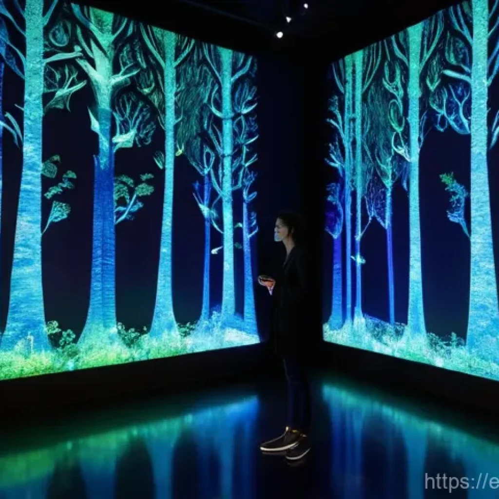 다감각 예술 경험 디자인의 인터랙티브 요소 - **Prompt 1: Interactive Bioluminescent Forest Projection**
"A young adult, dressed in stylish, c...