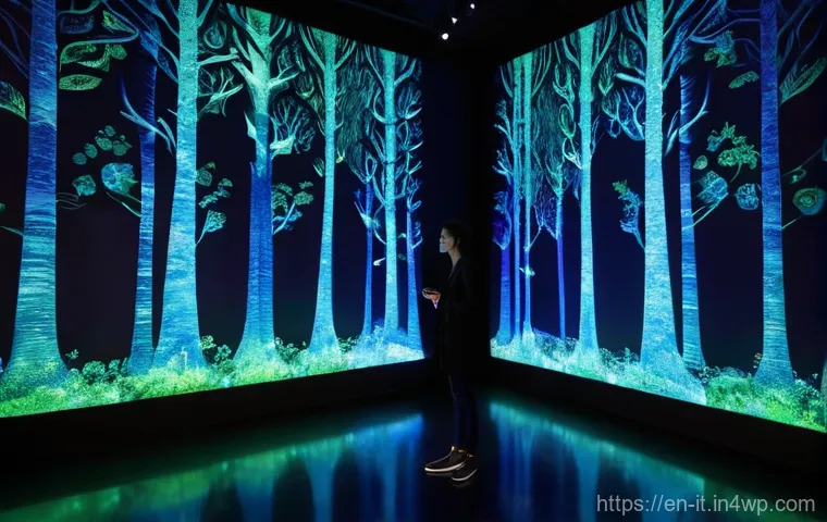 다감각 예술 경험 디자인의 인터랙티브 요소 - **Prompt 1: Interactive Bioluminescent Forest Projection**
    "A young adult, dressed in stylish, c...