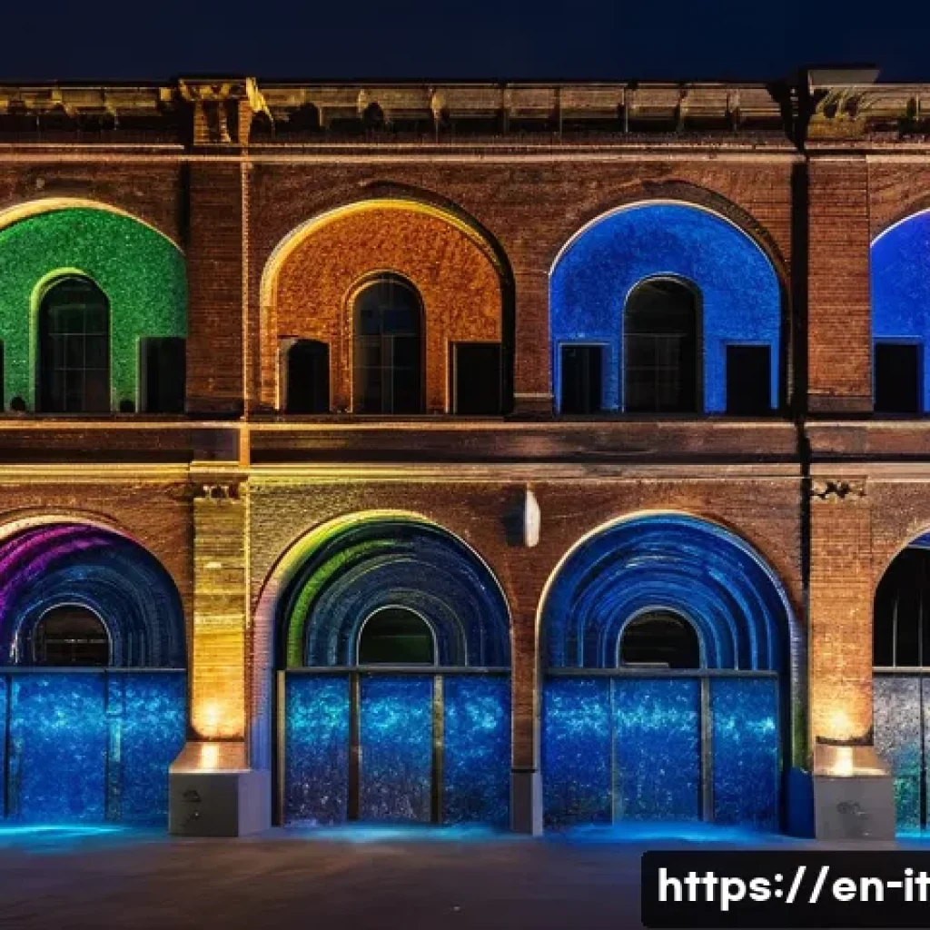 다감각 예술 경험 디자인을 위한 혁신적 접근 - **Immersive Projection Mapping on an Old Warehouse**
A breathtaking wide shot of an old, multi-s...