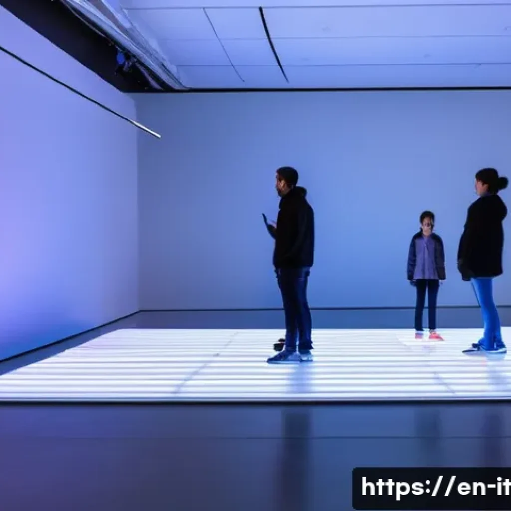 다감각 예술 경험 디자인의 사용자 경험 향상 방법 - A futuristic interactive art installation in a modern gallery space, featuring dynamic ambient light...
