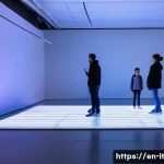 다감각 예술 경험 디자인의 사용자 경험 향상 방법 - A futuristic interactive art installation in a modern gallery space, featuring dynamic ambient light...