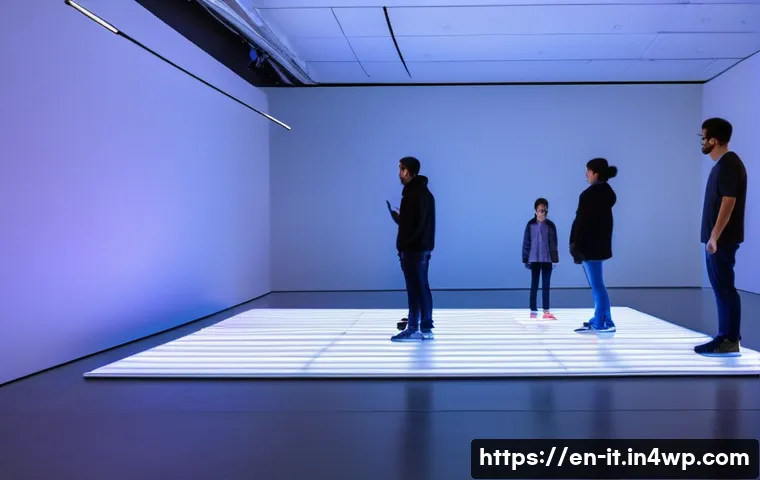 다감각 예술 경험 디자인의 사용자 경험 향상 방법 - A futuristic interactive art installation in a modern gallery space, featuring dynamic ambient light...
