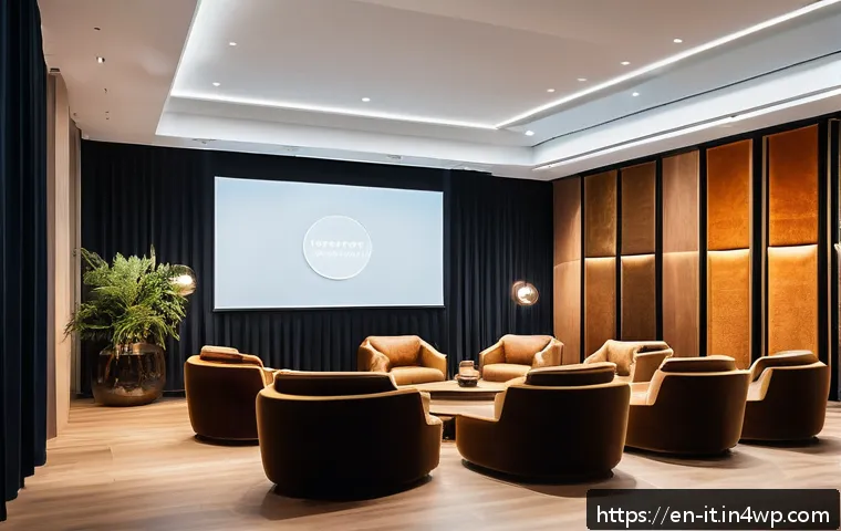 다감각 예술 경험 디자인을 위한 이벤트 기획 - A modern event space featuring a tactile art wall composed of mixed materials such as soft velvet, r...