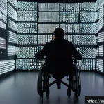 다감각 예술 경험 디자인의 접근성과 포용성 - An immersive multisensory art installation inside a modern gallery space, featuring visitors wearing...