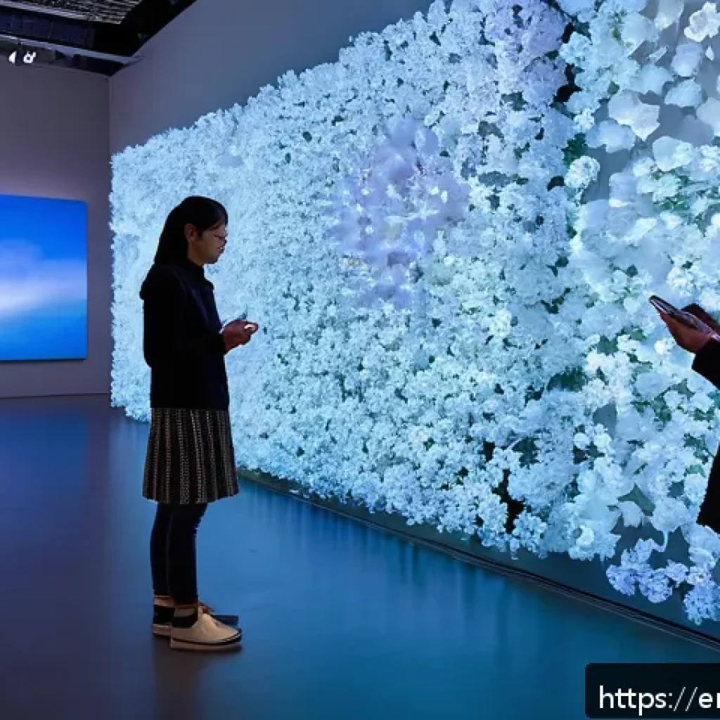 다감각 예술 경험 디자인의 이론적 배경 - A modern interactive art installation in a spacious, softly lit gallery featuring a multisensory exp...