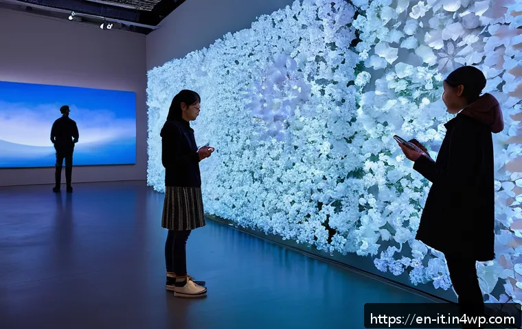 다감각 예술 경험 디자인의 이론적 배경 - A modern interactive art installation in a spacious, softly lit gallery featuring a multisensory exp...