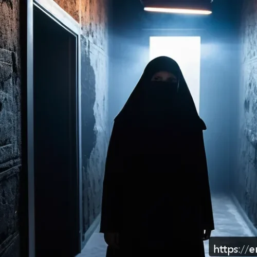 다감각 예술 경험 디자인의 장르별 접근법 - An immersive horror-themed multisensory art installation scene featuring dim, flickering lights cast...
