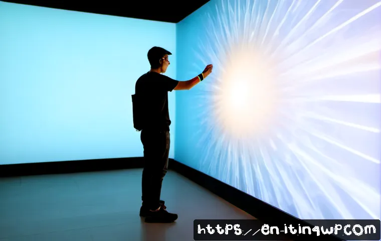 Home 17 다감각 예술 경험 디자인에서의 데이터 활용 - Photorealistic interactive art gallery installation, a diverse adult visitor wearing lightweight hap...